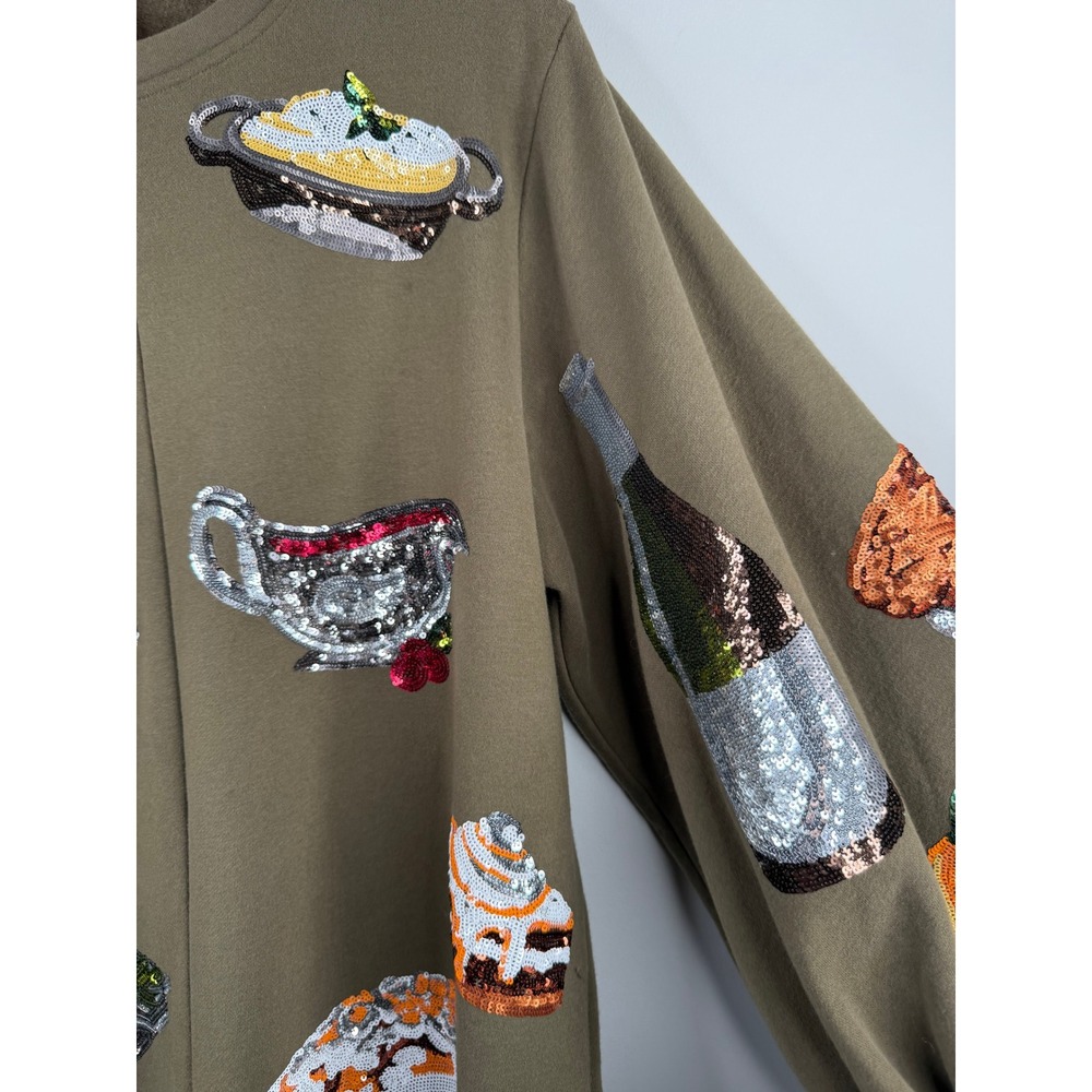 Queen of Sparkles Thanksgiving Sequin Turkey Food Sweatshirt Olive Green Women S - Picture 3 of 14